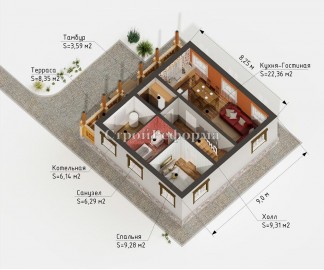 Проект: Комбинированный дом "Мини Шале", план 1 этажа